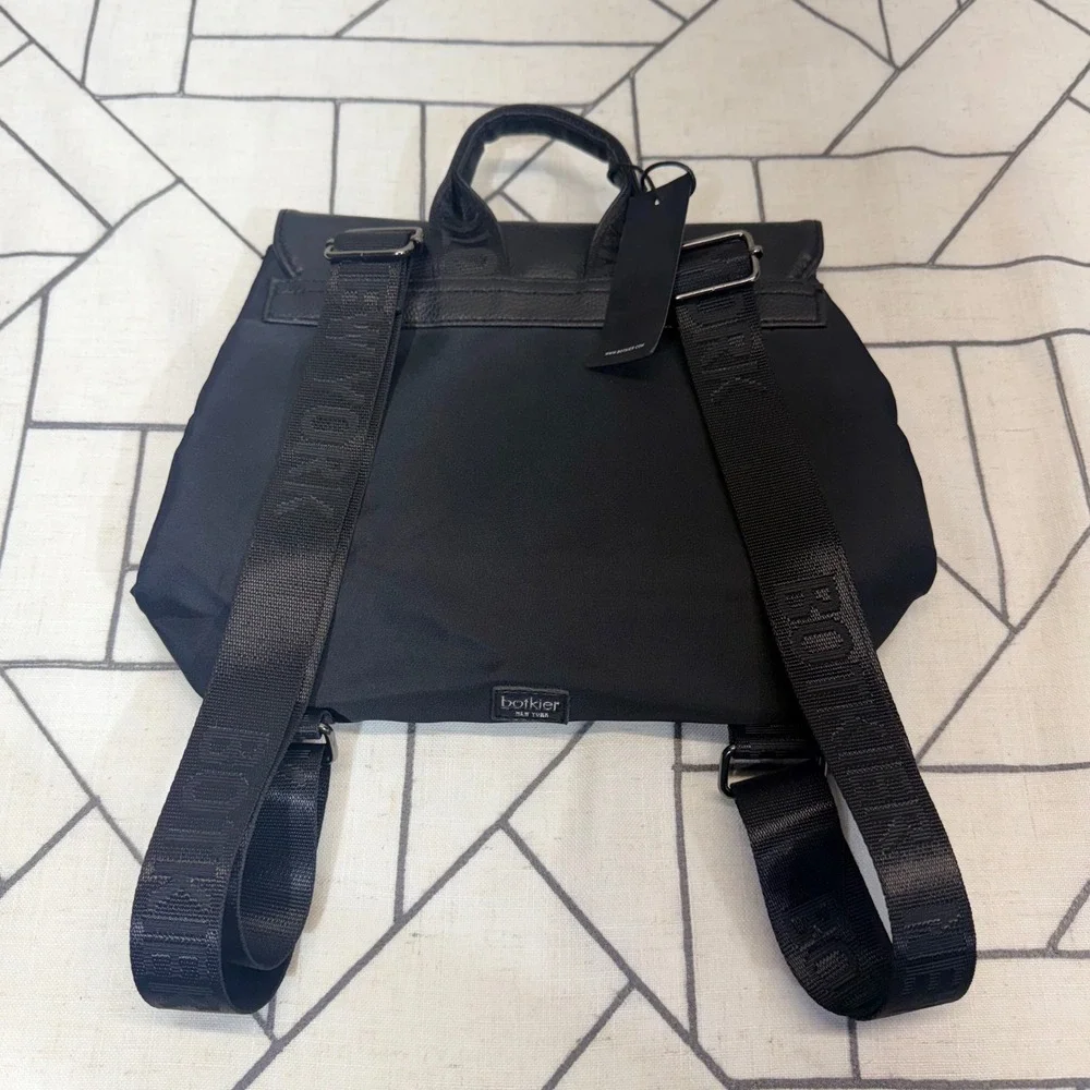 Botkier Backpack Small Black Nylon Leather Trim Logo Straps Zipper Pockets